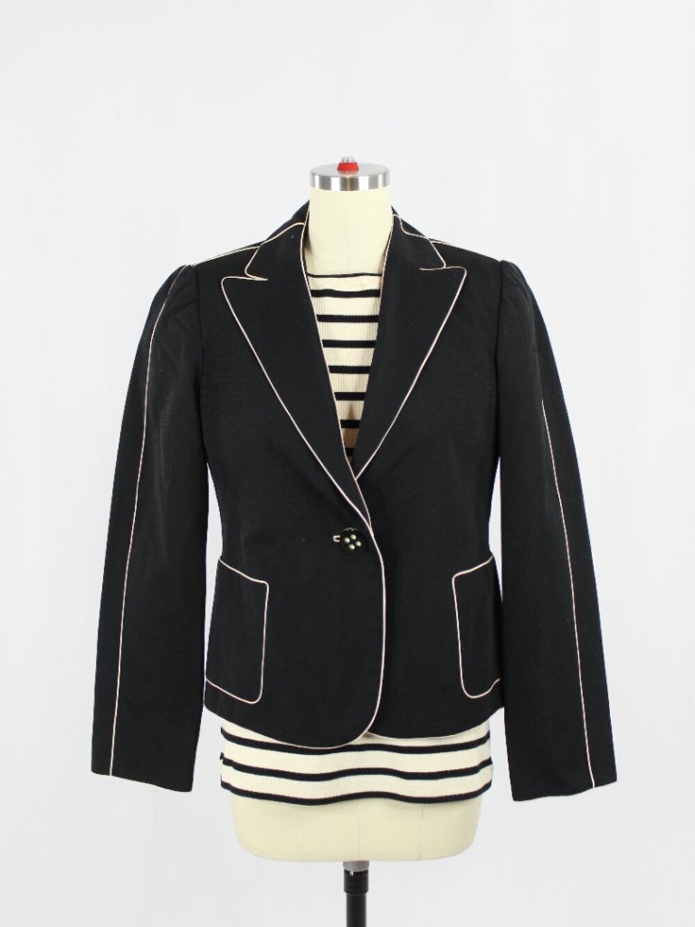MARC JACOBS Black Cotton Faille Cream Piped Trim Blazer Jacket, Size 6